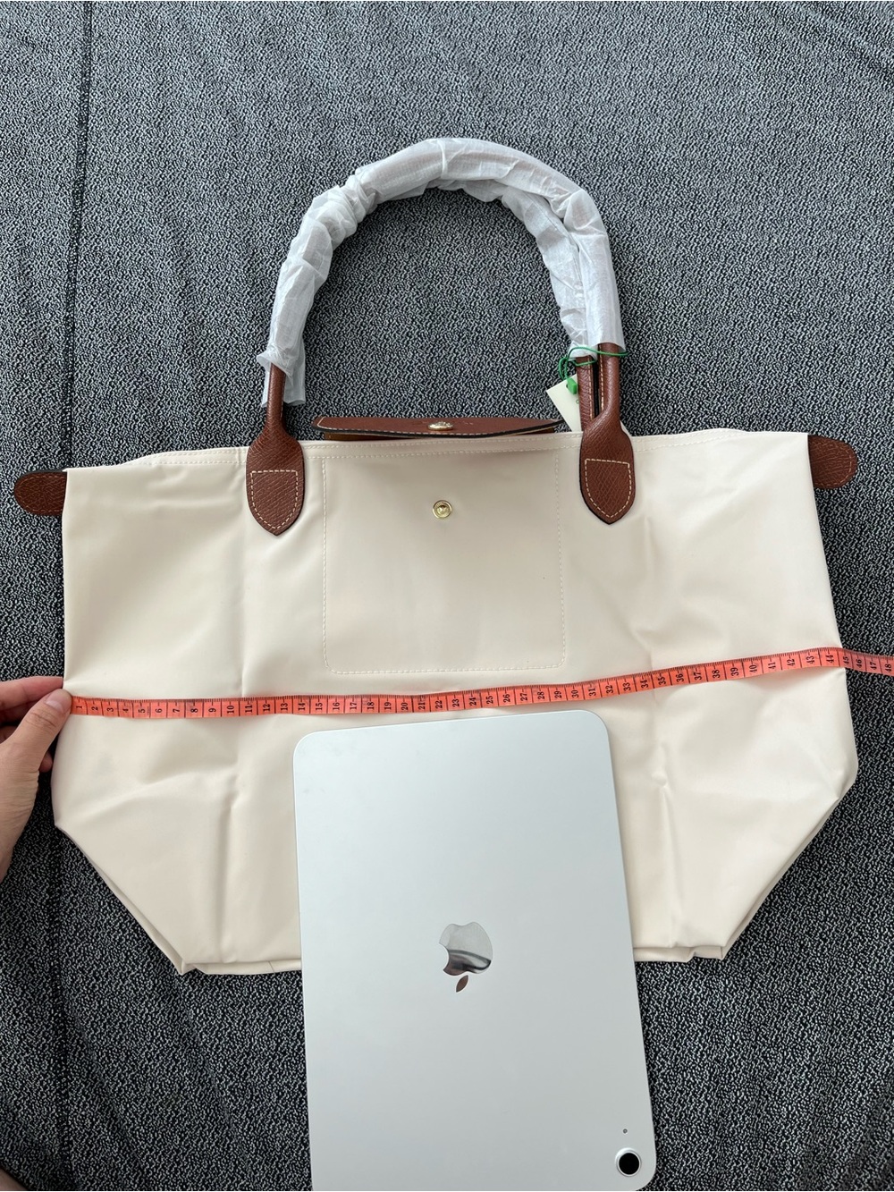 Longchamp Cream Tote with Brown Leather Handles
